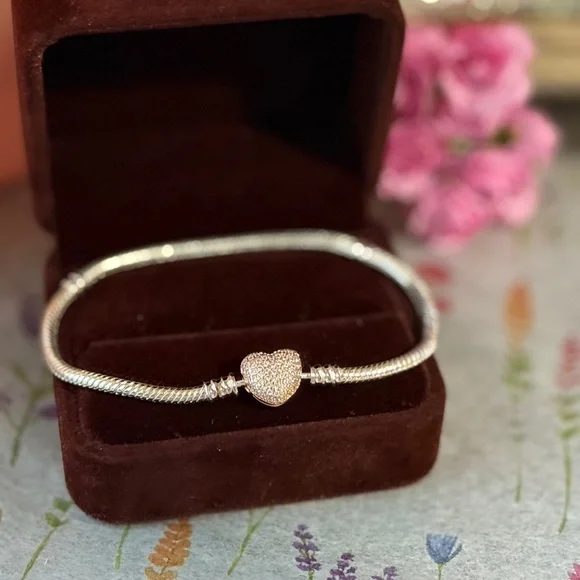Silver Bracelet with Rose Gold Heart Charm 💜 - Picture 3 of 4